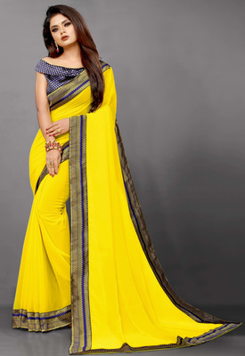 FIERTE Solid/Plain, Dyed, Self Design Bollywood Georgette, Chiffon Saree(Yellow)
