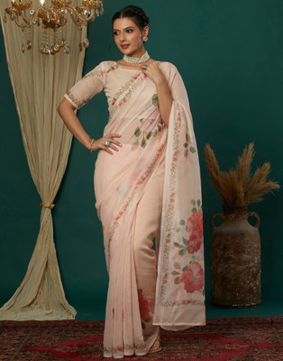 Samah Floral Print, Geometric Print, Printed Madhubani Cotton Blend Saree(Orange)