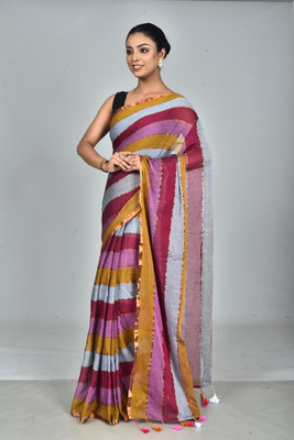 SARATHITEXTILE Checkered Handloom Cotton Blend Saree(Pink)