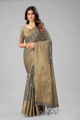 roman Self Design, Embellished, Woven Chanderi Cotton Silk, Jacquard Saree(Grey)