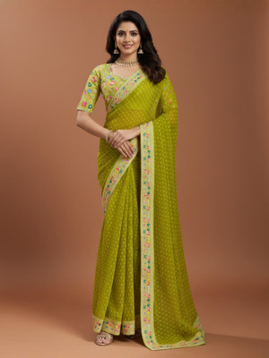 all about you Printed Bandhani Georgette Saree(Light Green)