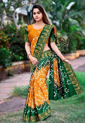 shreeji creation Printed Bandhani Art Silk Saree(Mustard)