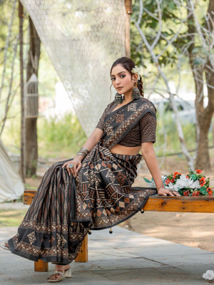 Sareemall Printed Leheria Silk Blend Saree(Black)