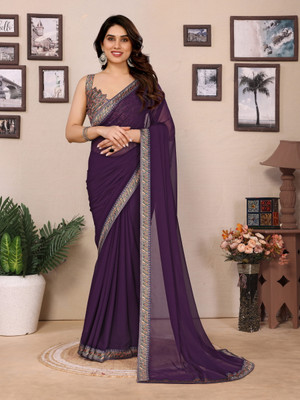 BHAGYAVATI DESIGNER Embellished, Solid/Plain Bollywood Georgette Saree(Purple)