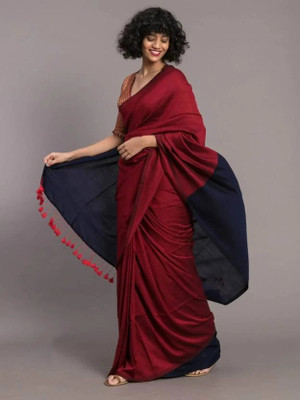 JHIILU Solid/Plain Handloom Cotton Blend Saree(Red)