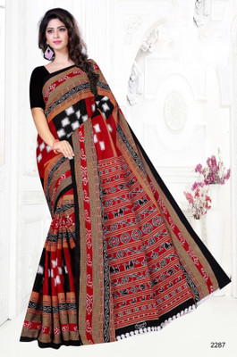 pasapalli Printed, Digital Print Sambalpuri Pure Cotton Saree(Maroon, Black)