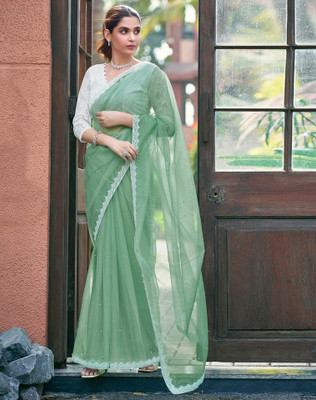SIRIL Dyed, Embellished, Self Design Bollywood Net Saree(Green)