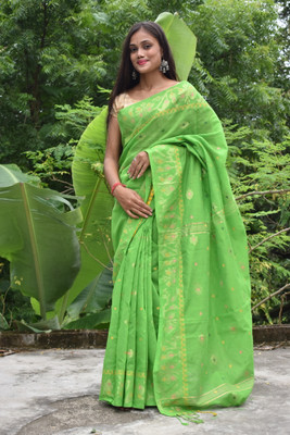 pal saree mahal Printed Handloom Cotton Silk Saree(Blue)