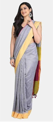 BongAp Embroidered Handloom Pure Cotton Saree(Grey)