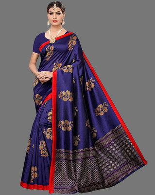 Grubstaker Printed Assam Silk Art Silk Saree(Blue)