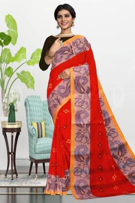 HouseOfCommon Self Design Tant Pure Cotton Saree(Orange)