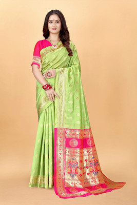 DHAYNAAND REEWA FASHION Embellished Kanjivaram Jacquard, Tussar Silk Saree(Light Green)
