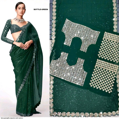 MANIBAA CLOTHING Embroidered, Embellished Bollywood Georgette Saree(Green)