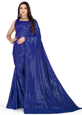 Bluebirdimpex Embroidered Bollywood Georgette Saree(Blue)