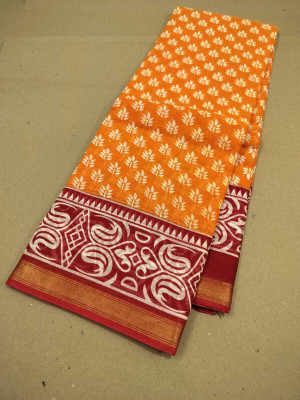 Sareestri Floral Print Chanderi Cotton Blend Saree(Orange)
