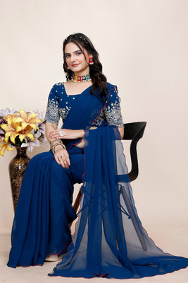 SAADHYA CREATION Embroidered, Solid/Plain Bollywood Georgette Saree(Dark Blue)