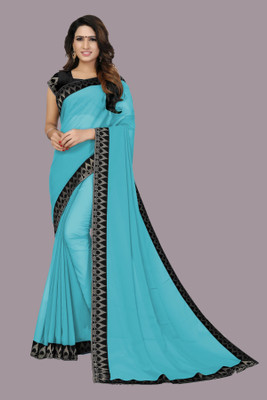 Aai shree khodiyar Embellished, Woven, Solid/Plain Bollywood Georgette Saree(Light Blue)