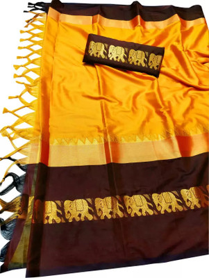 riddhi shivaay feb Woven Banarasi Cotton Silk Saree(Orange)