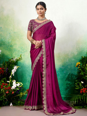 Vivan Fab Embroidered Bollywood Silk Blend Saree(Magenta)