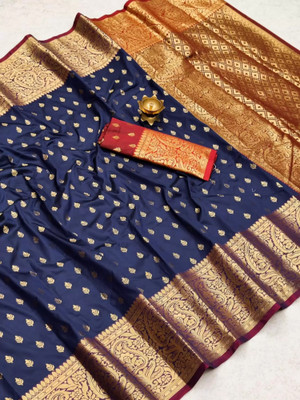 nikchi hub Woven Kanjivaram Silk Blend Saree(Dark Blue)