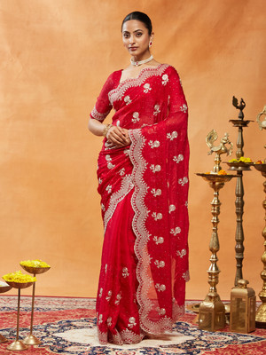 KASEE Embroidered Bollywood Chiffon Saree(Red)