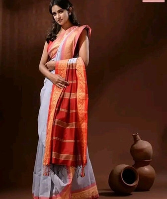 SimaGarments Woven, Temple Border Handloom Cotton Silk Saree(White)