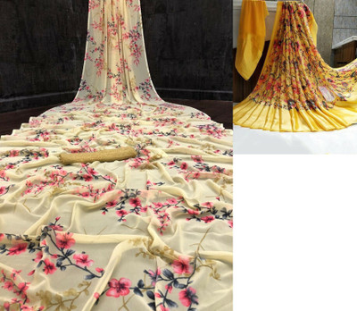 Sita Floral Print Bollywood Georgette Saree(Pack of 2, Yellow)
