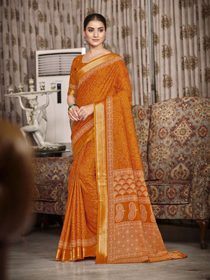 all about you Woven Daily Wear Silk Blend Saree(Orange)