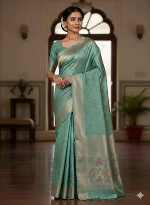 DUDHANE TRADING CORPORATION Self Design, Woven, Floral Print Banarasi Silk Blend Saree(Light Green)