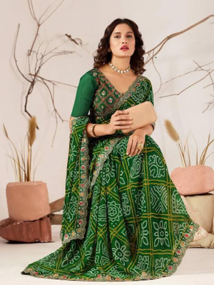 BELADIYA FASHION Embroidered, Printed Bandhani Georgette Saree(Green)