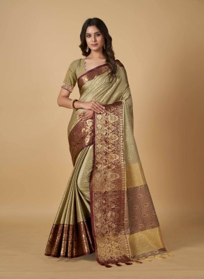 worvox Self Design, Embellished Kanjivaram Cotton Silk Saree(Beige)