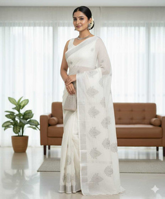 PalEcommerce Printed Handloom Cotton Blend Saree(White)