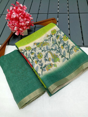 HouseOfCommon Floral Print Kanjivaram Linen, Cotton Linen Saree(Green)