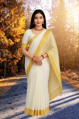 SHRISAREEESa Striped Bollywood Pure Cotton Saree(White, Beige)