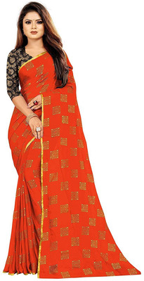 JV ENTERPRISE Striped Bollywood Chiffon Saree(Orange)