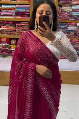 Nepyun Collection Solid/Plain, Self Design Bollywood Georgette Saree(Pink)