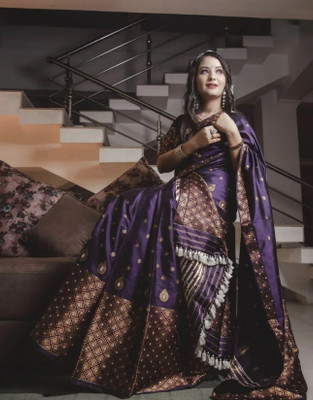 Rudra Enterprise Woven Mekhela Chador Silk Blend Saree(Purple)