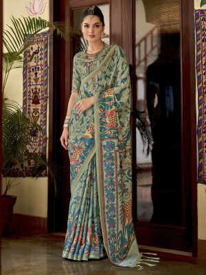 Sareemall Printed Chanderi Silk Blend Saree(Light Green)