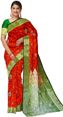daniyal Printed Banarasi Pure Silk Saree(Red, Green)