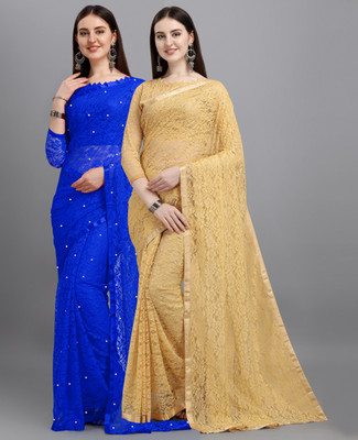 LOROFY Self Design Bollywood Net Saree(Pack of 2, Blue, Cream)