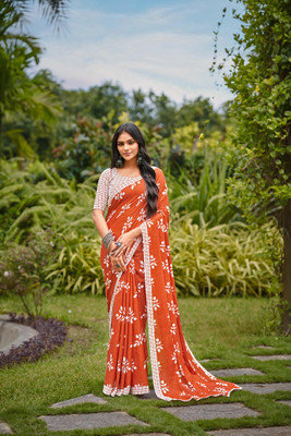 Divastri Blocked Printed, Printed Chanderi Cotton Blend Saree(Orange)