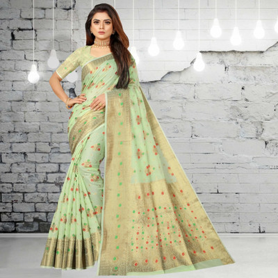 YAGNAM FAB Woven, Self Design Banarasi Cotton Blend, Jacquard Saree(Light Green)