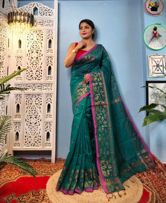 pushpafashio Woven Handloom Cotton Silk Saree(Green)