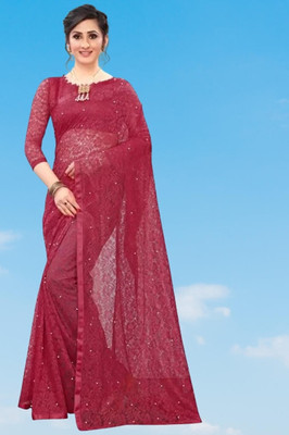 Paanthcreation Solid/Plain Bollywood Net Saree(Maroon)