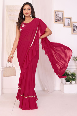 DWINIZAA STORE Embroidered, Embellished Pre Draped Saree Georgette Saree(Pink)
