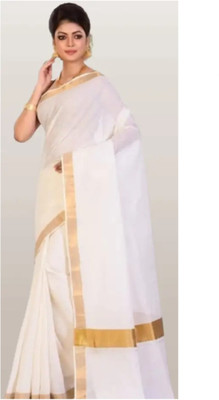 ANTIK Solid/Plain Kasavu Cotton Silk Saree(White)