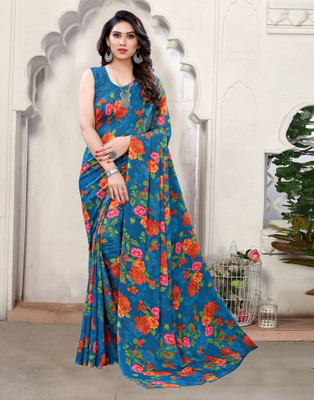 Samah Printed Daily Wear Chiffon, Georgette Saree(Blue)