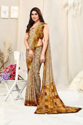 MIRCHI FASHION Printed, Checkered Daily Wear Chiffon, Georgette Saree(Yellow, Orange)