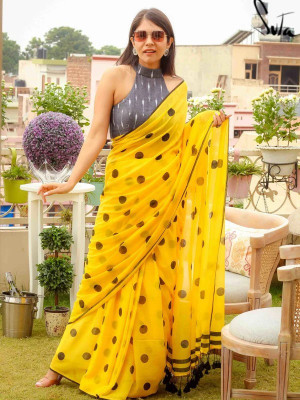 FEMORI Printed Bollywood Cotton Linen Saree(Yellow)