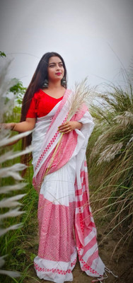 B & R CREATION Self Design Handloom Pure Cotton Saree(White)